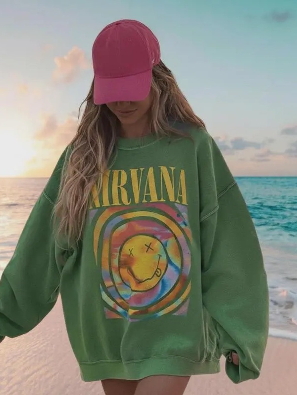 Nirvana Smiley Face Overdyed Crew Neck Sweatshirt Large